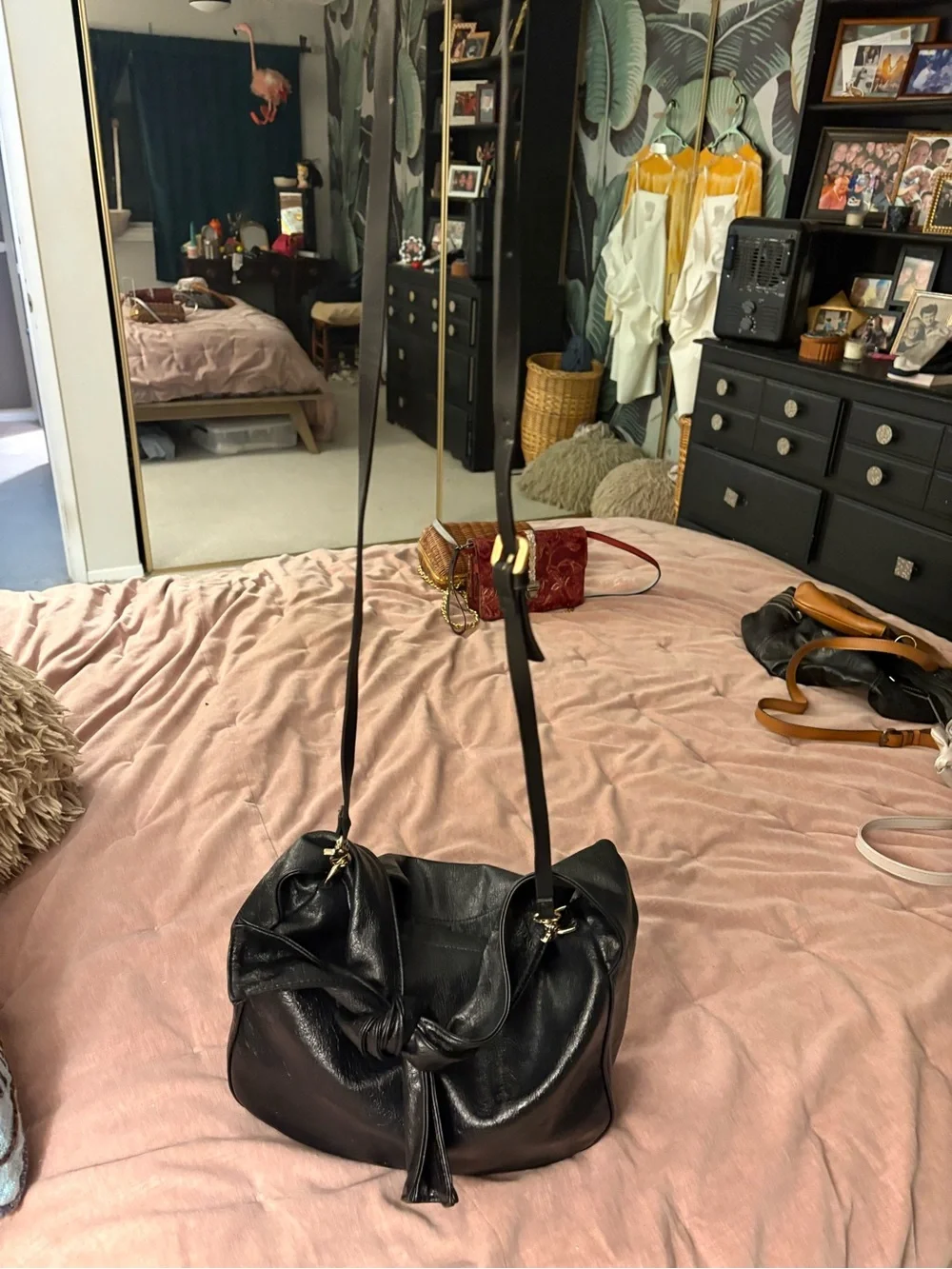 Melie Bianco Black Knot-Top Hobo and Crossbody Bag